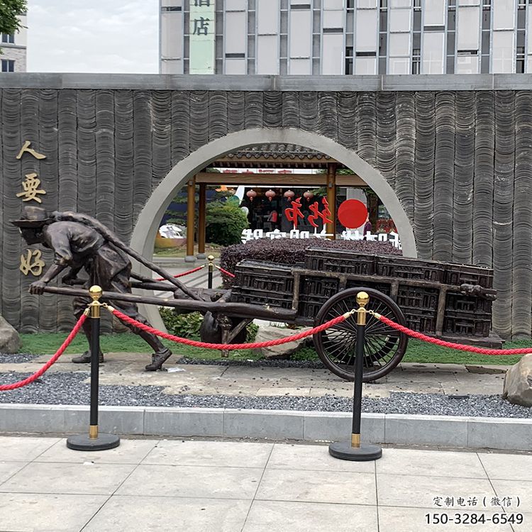 黃包車雕塑廠家，商業(yè)街人物小品，仿銅黃包車雕塑制作